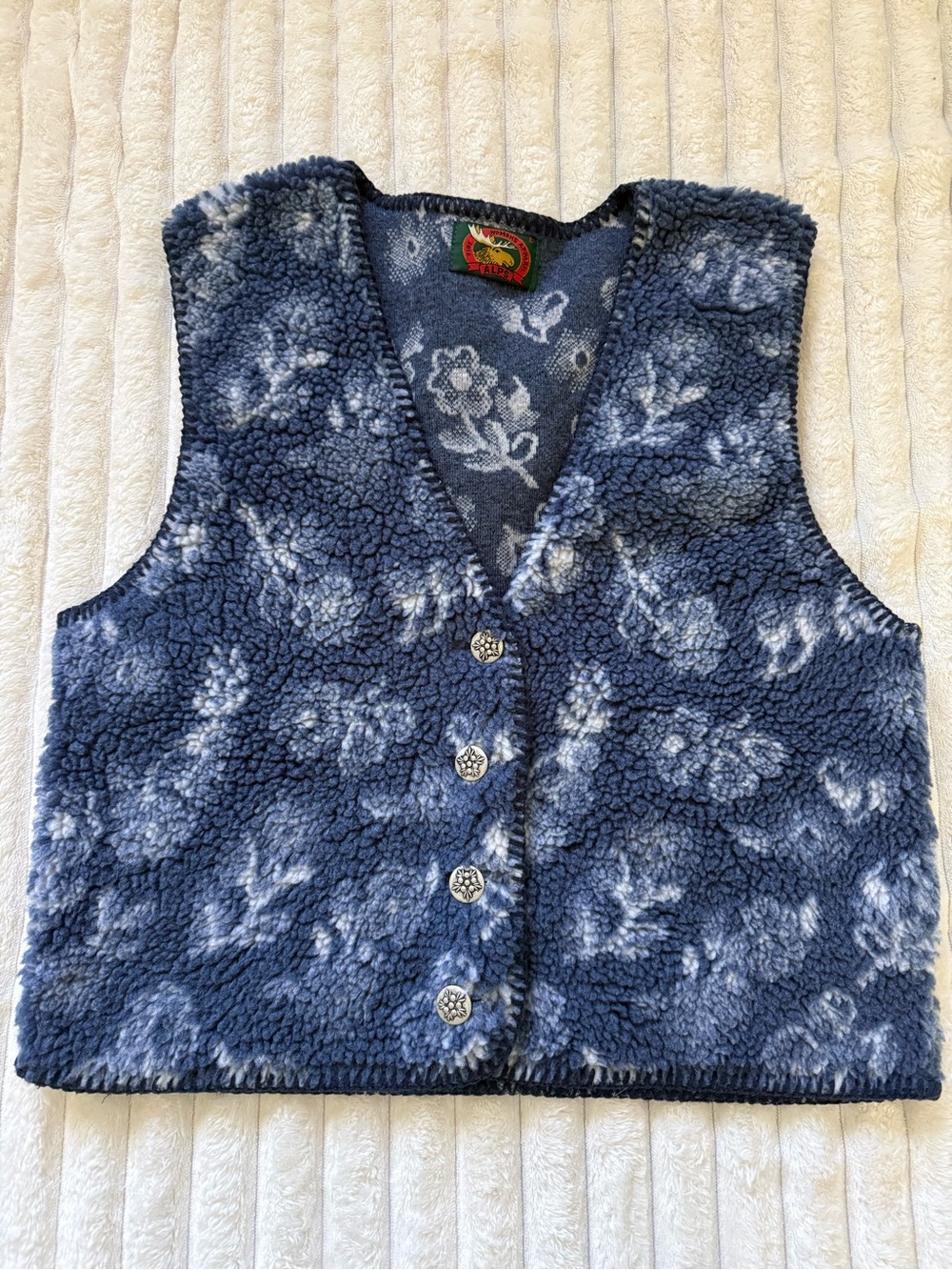 Vintage Blue Floral Sherpa Vest with Button Front